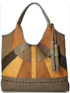 Steven by Steve Madden "JMerlot" patchwork boho tote in olive/mustard colorway